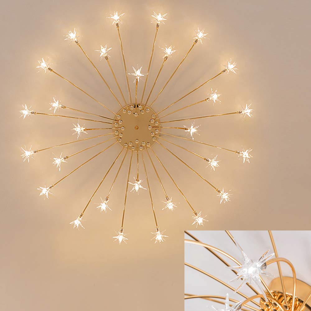 DZQH-Qin Gold Ceiling Light Chandelier, Metal, 28 Light, Unique Starry Design, Flush Mount Fixture for Living Room, Bedroom, Dining Room