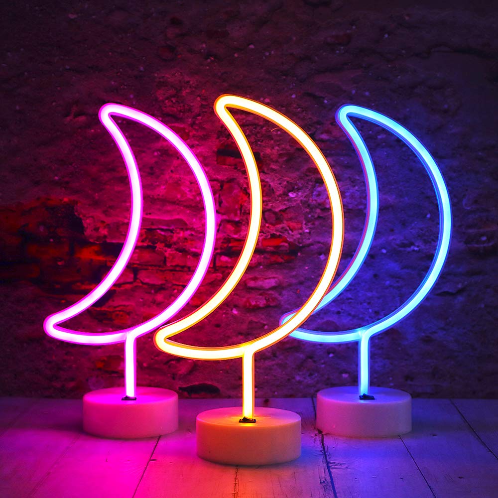 Led Moon Neon Signs, Crescent Night Lights Usb Battery Operated Moon Lamp For Birthday Party, Wedding, Halloween, Christmas Decorations-Moon With Holder Base(Warm White)