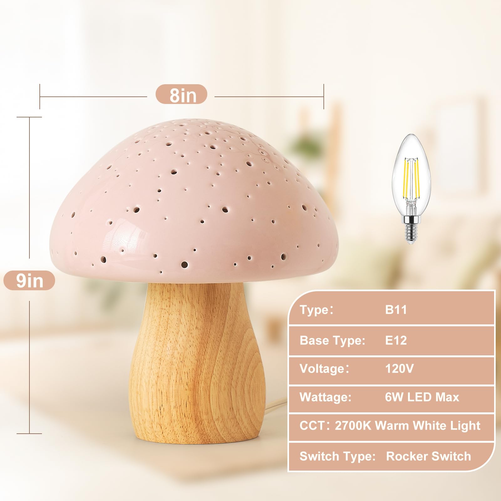 BOHON Ceramic Mushroom Lamp, Vintage Pink Bedside Table Light, LED Bulb Included, Model C-Mushroom-B