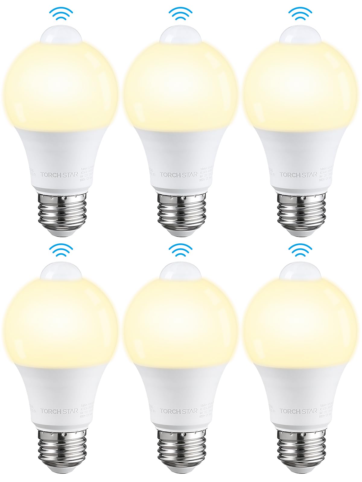 TORCHSTAR LED Motion Sensor Light Bulb 9W E26 A19 900LM Warm White 3000K UL Listed Pack of 6
