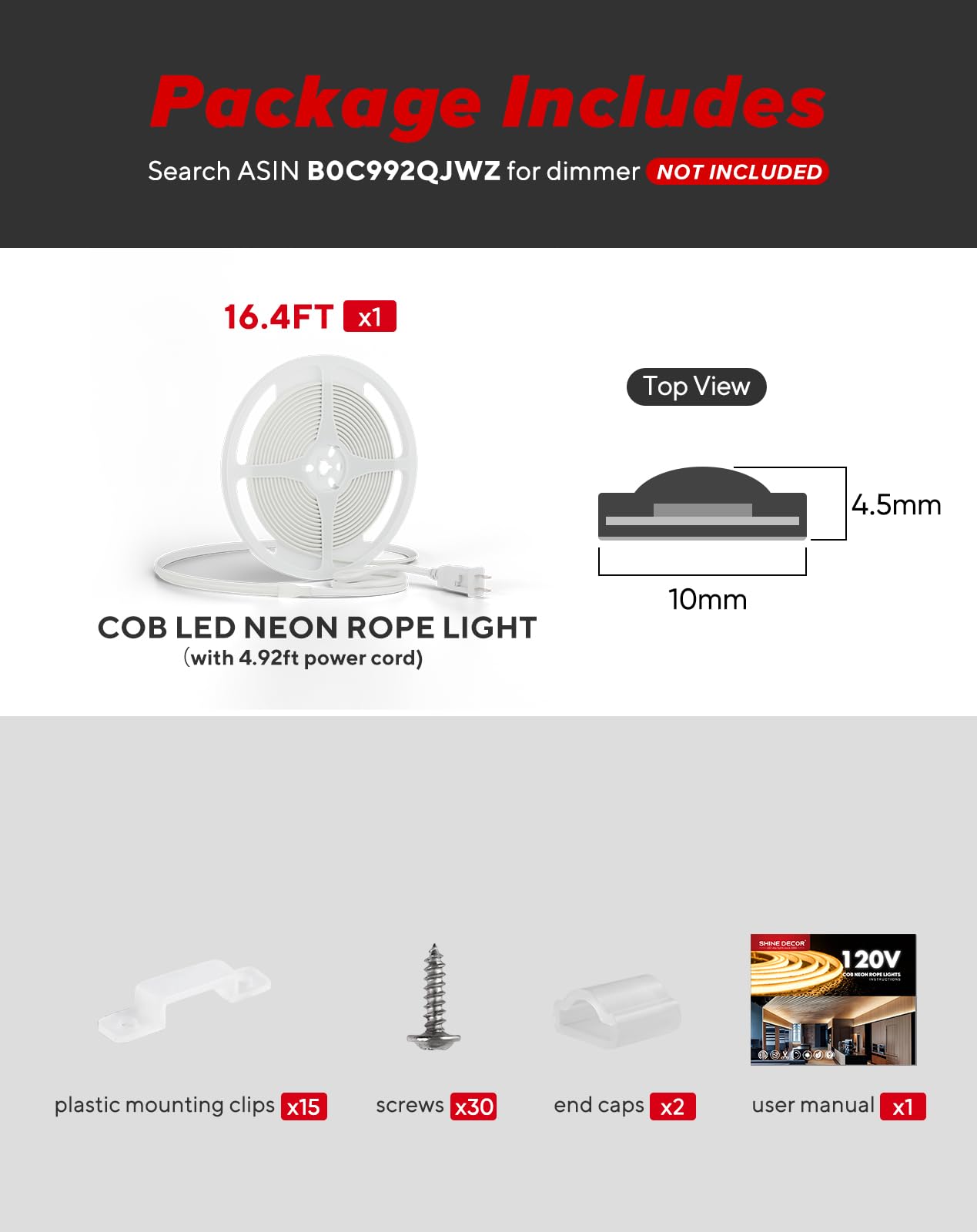 Shine Decor Cob Led Rope Light Ac 120V  800Lm Ultra Bright  Ip65 Waterproof Cold-Resistant Etl Neon Strip  No Driver Tape Lighting For Home Commercial 10X4.5Mm  Red  16.4Ft
