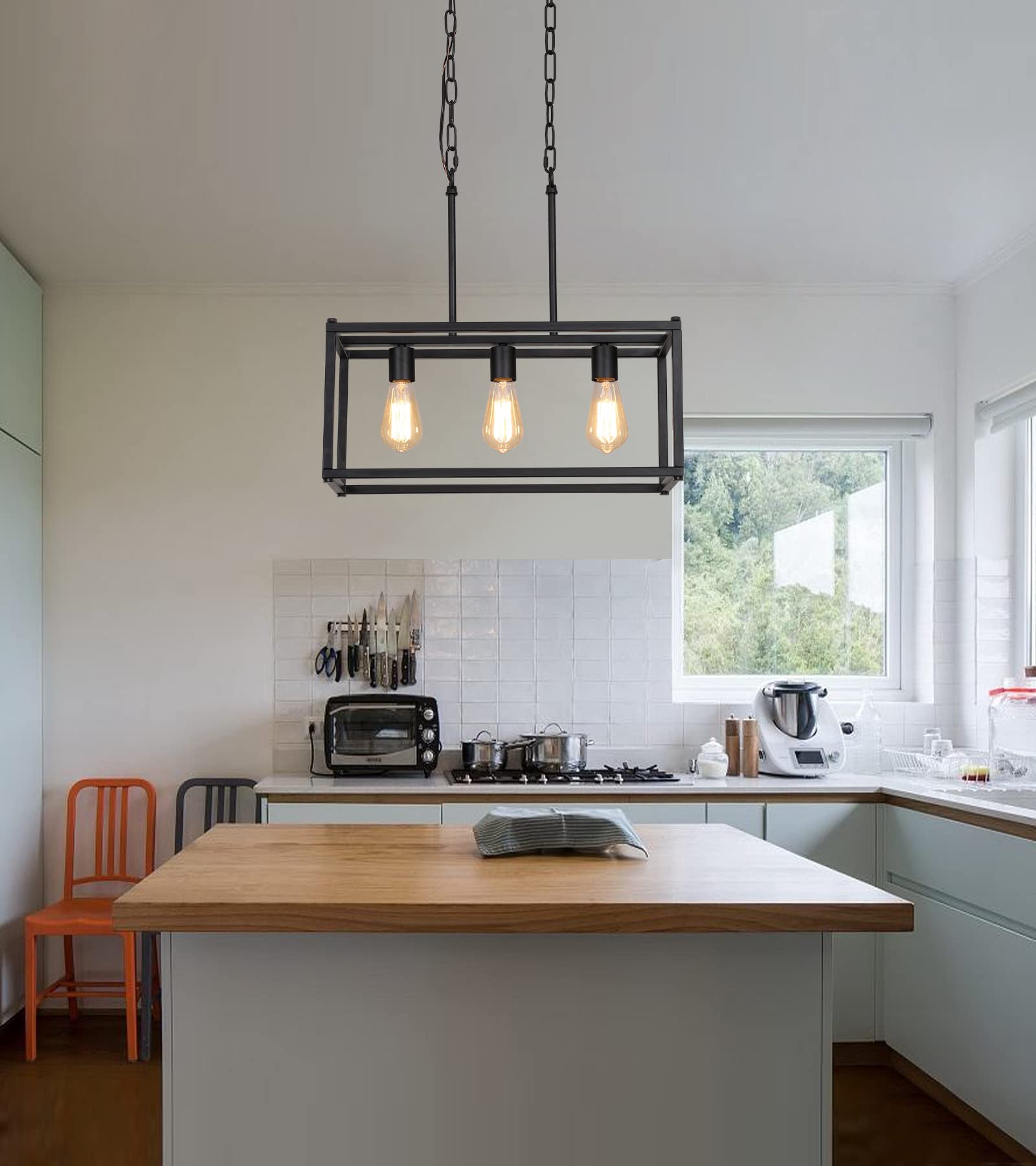 AMZASA 3-Light Black Linear Chandelier, Iron Modern Fixture for Dining Room, Kitchen Island, Model AS9009-3