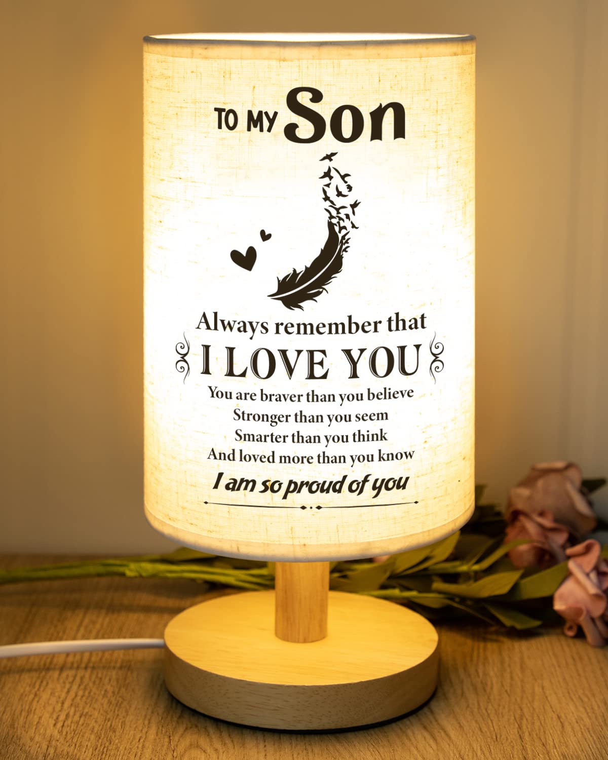 Souhoney Gifts For Son For Fathers Day From Mom Dad- Fabric Wooden Desk Lamp For Bedroom Living Room For Son Adult Graduation Se