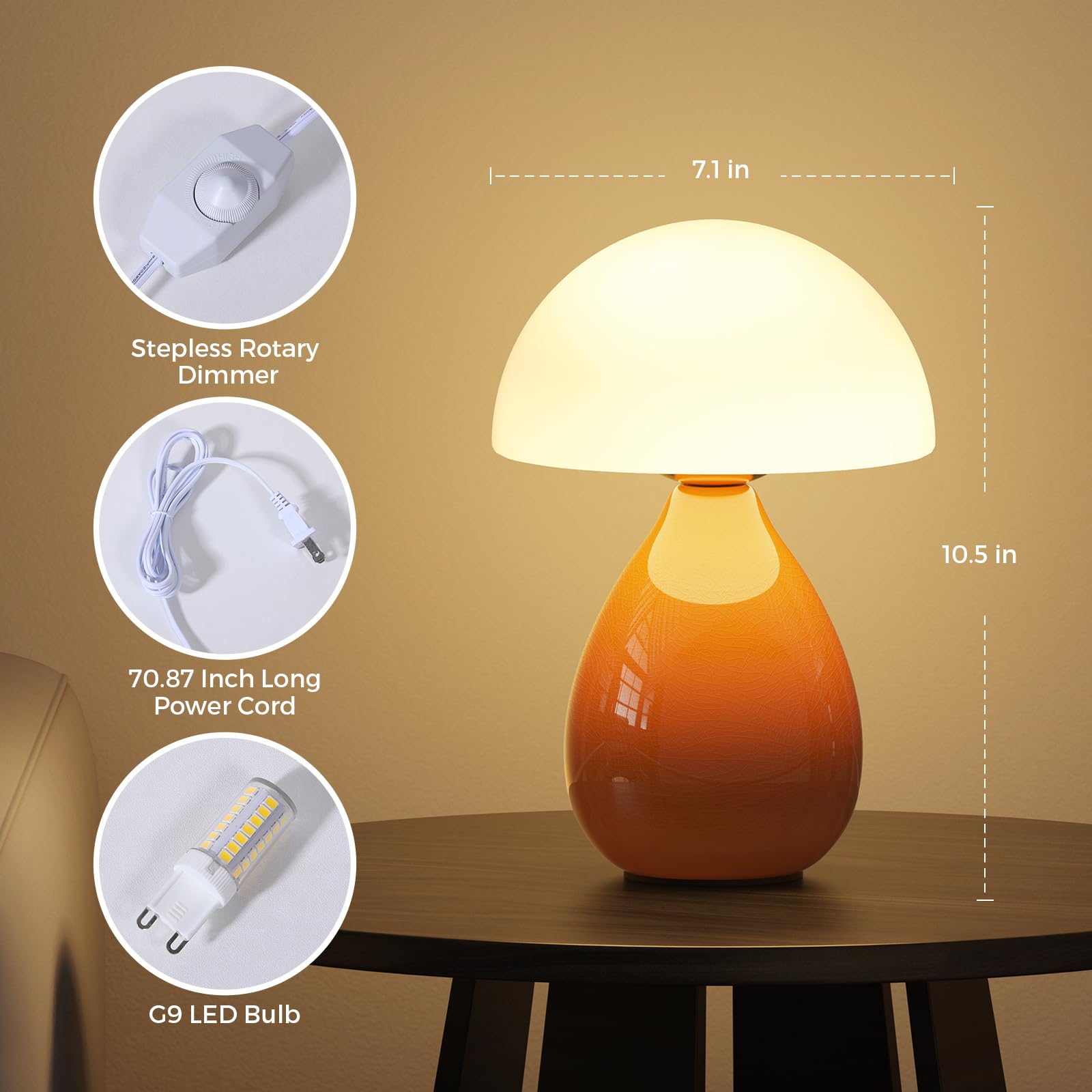Mushroom Lamp  Vintage Small Table Lamp For Bedroom  Ice   Ceramic Led Night Light For Kids  Mid Century Modern Bedside Lamp For Nightstand  Living Room  Home Decor Gift Ideas For Women  Orange