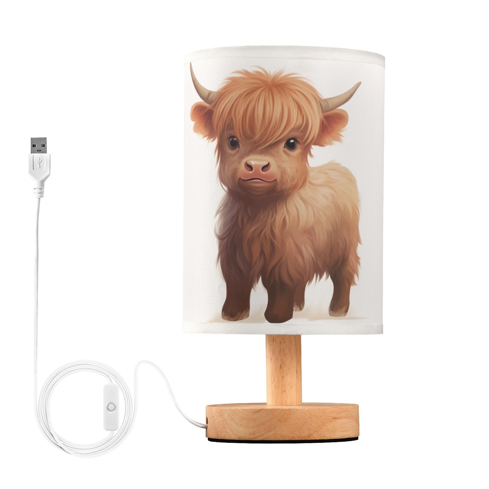 Oarencol Bedside Table Lamp Cute Highland Cow Animal Nightstand Lamp with Wood Desk Lamps for Bedroom Living Room Nursery Office