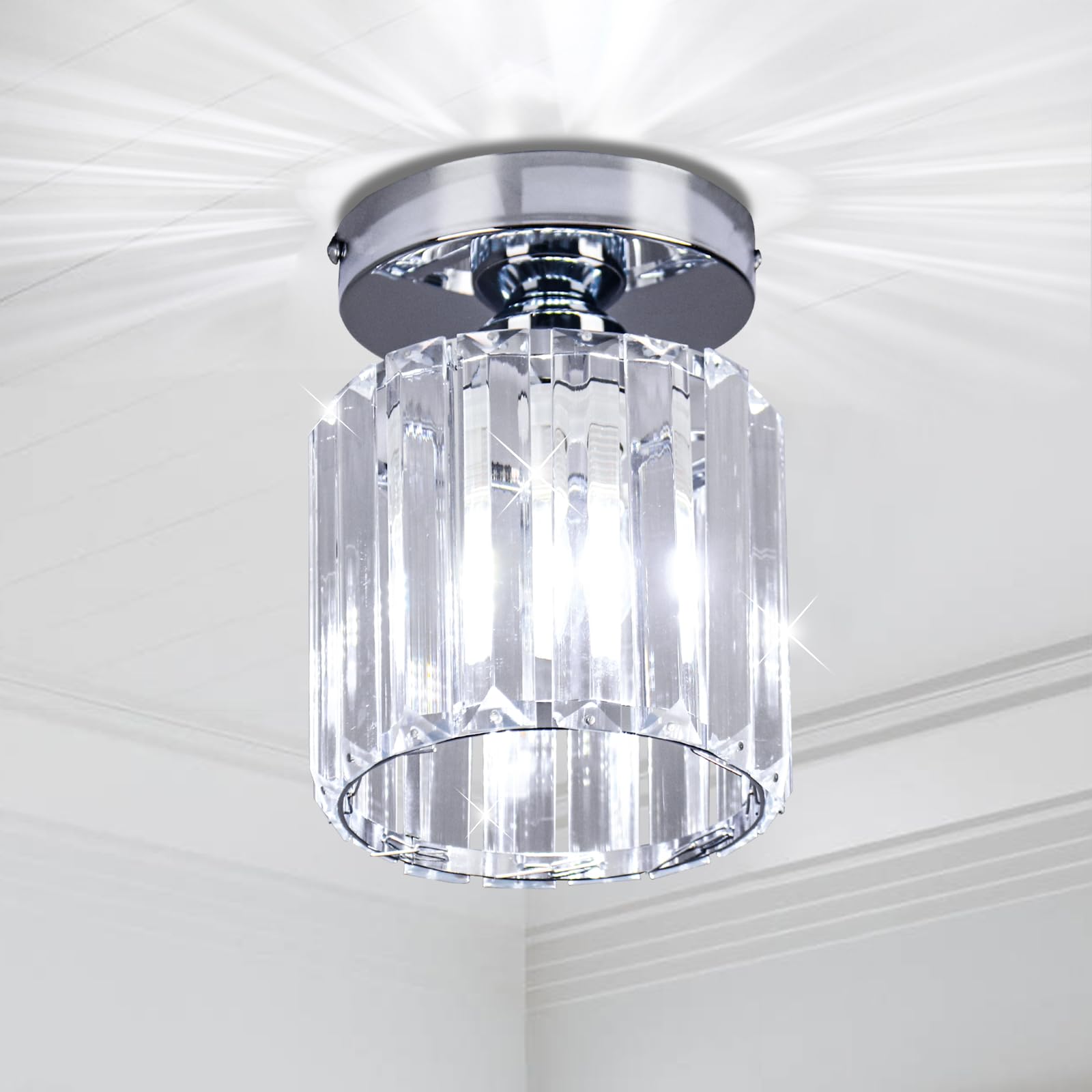 Frixchur Small Chrome Crystal Chandelier Ceiling Light Semi Flush For Hallway, Kitchen, Dining Room
