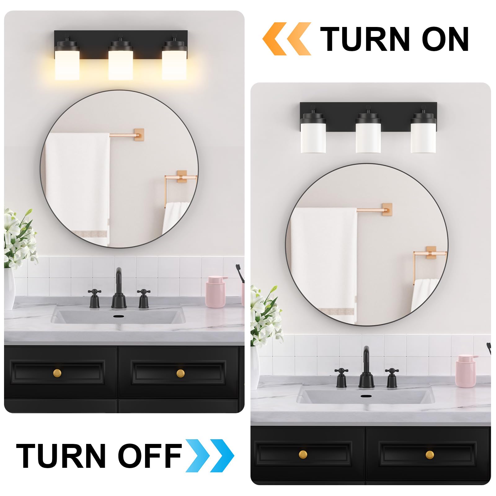 LKHF Bathroom Vanity Light, 3-Light Matte Black Fixture, Clear Glass Shade, Model SPU143T, 22in Base Plate