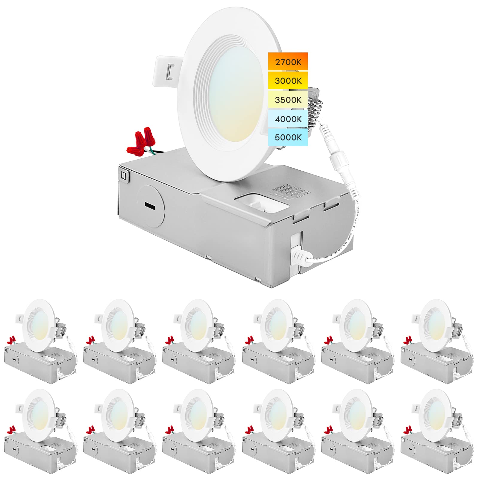 LUXRITE 12-Pack 3 Inch Ultra Thin LED Recessed Lighting, 6W, 5 Color Selectable 2700K | 3000K | 3500K | 4000K | 5000K, CRI 90, 4
