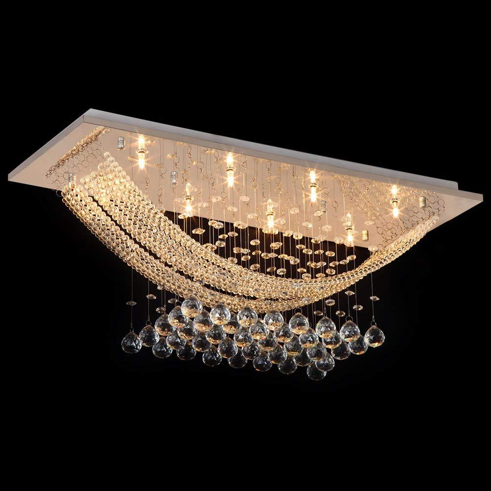 Silver Rectangle Crystal Raindrop Chandelier for Living Room, 8 Lights Modern Flush Mount Crystal Ceiling Light Fixture Pendant 