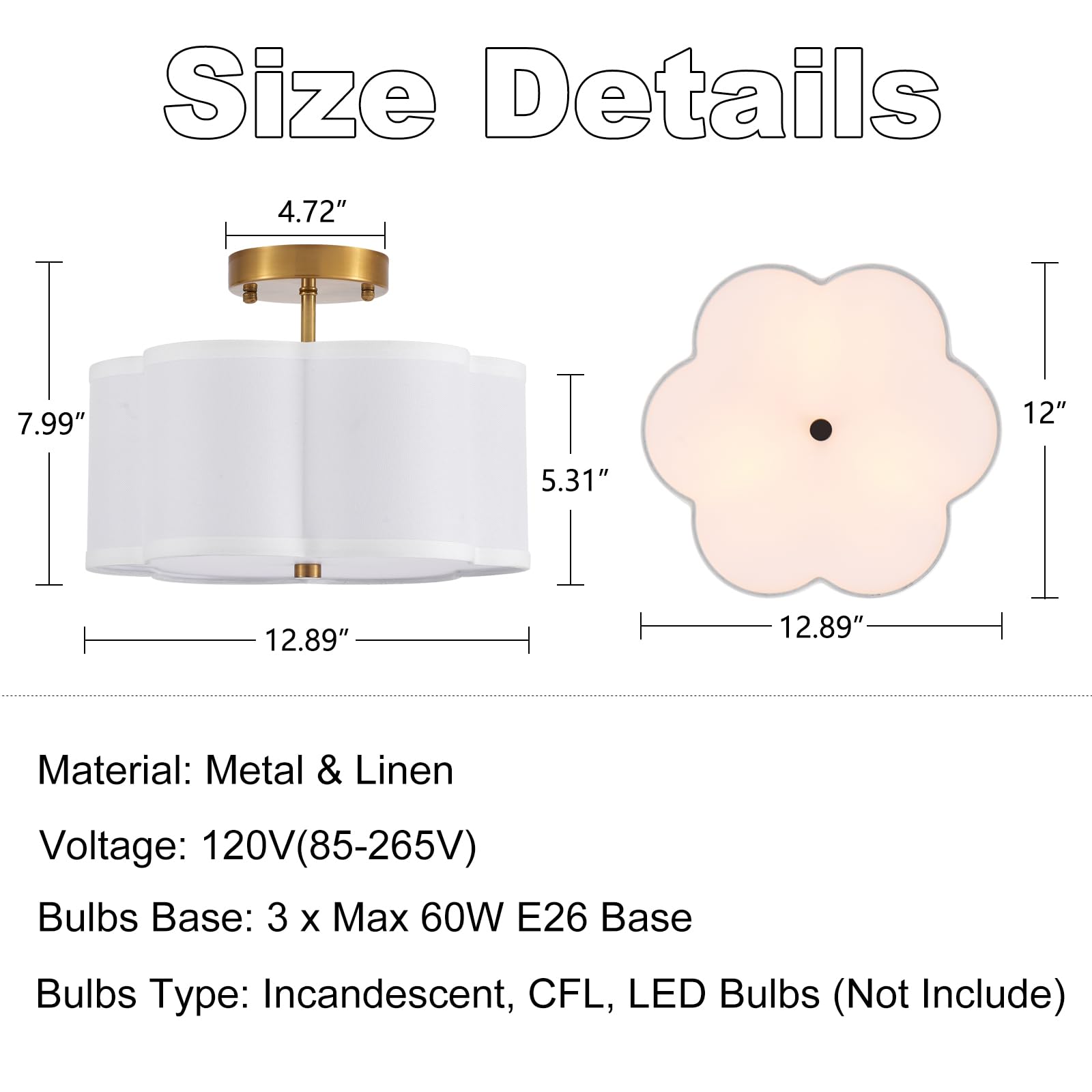 Widluth Modern Gold Semi Flush Mount Ceiling Light, 3-Lights Drum Fixture, Vintage Linen, Ideal for Kitchen, Dining Room, Bedroom, Model XT1005-Copper-A