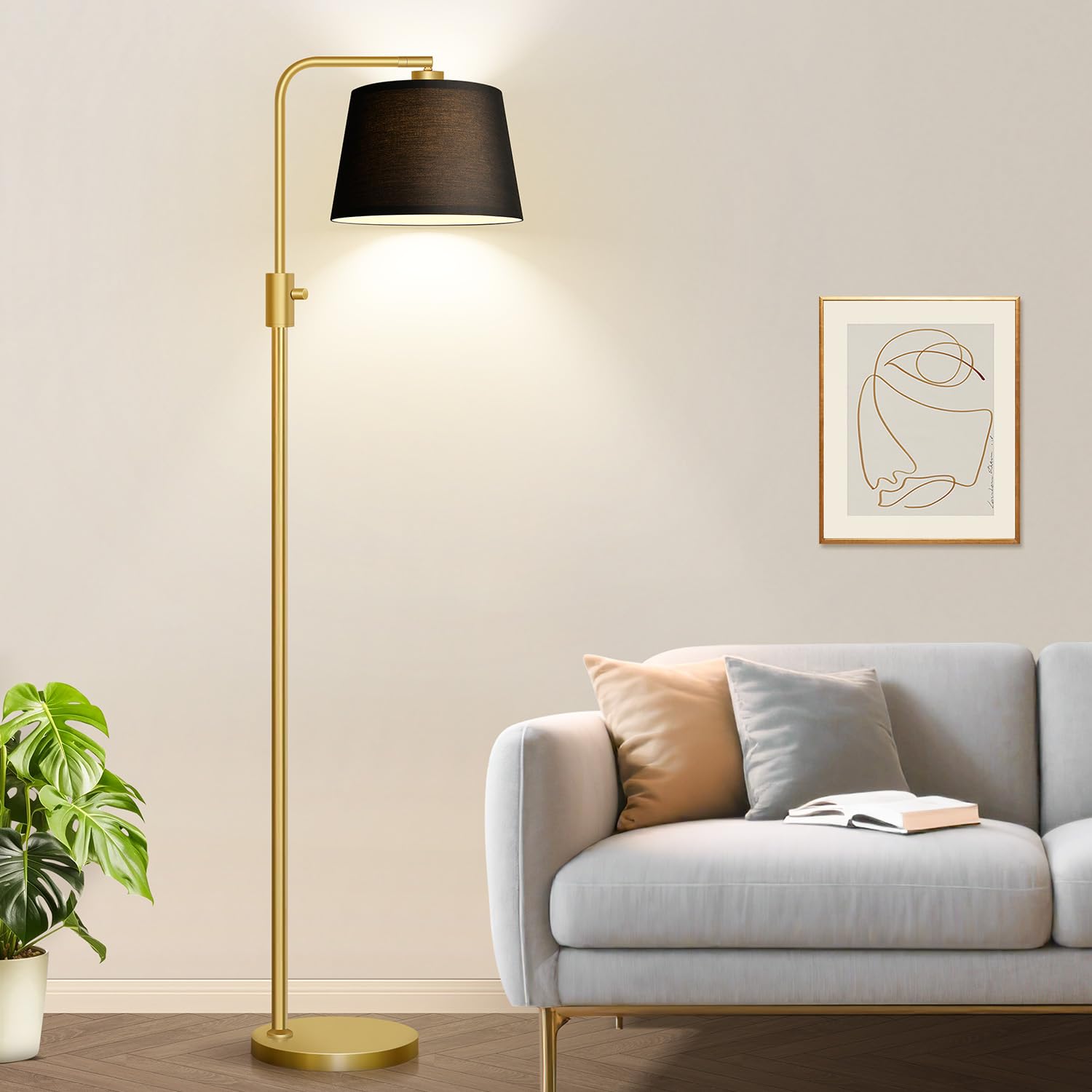Nintiue Dimmable Arc Floor Lamp with 1000 LM LED Bulb, 65 inches, Gold-Black Shade, Model FL16886, Metal Construction