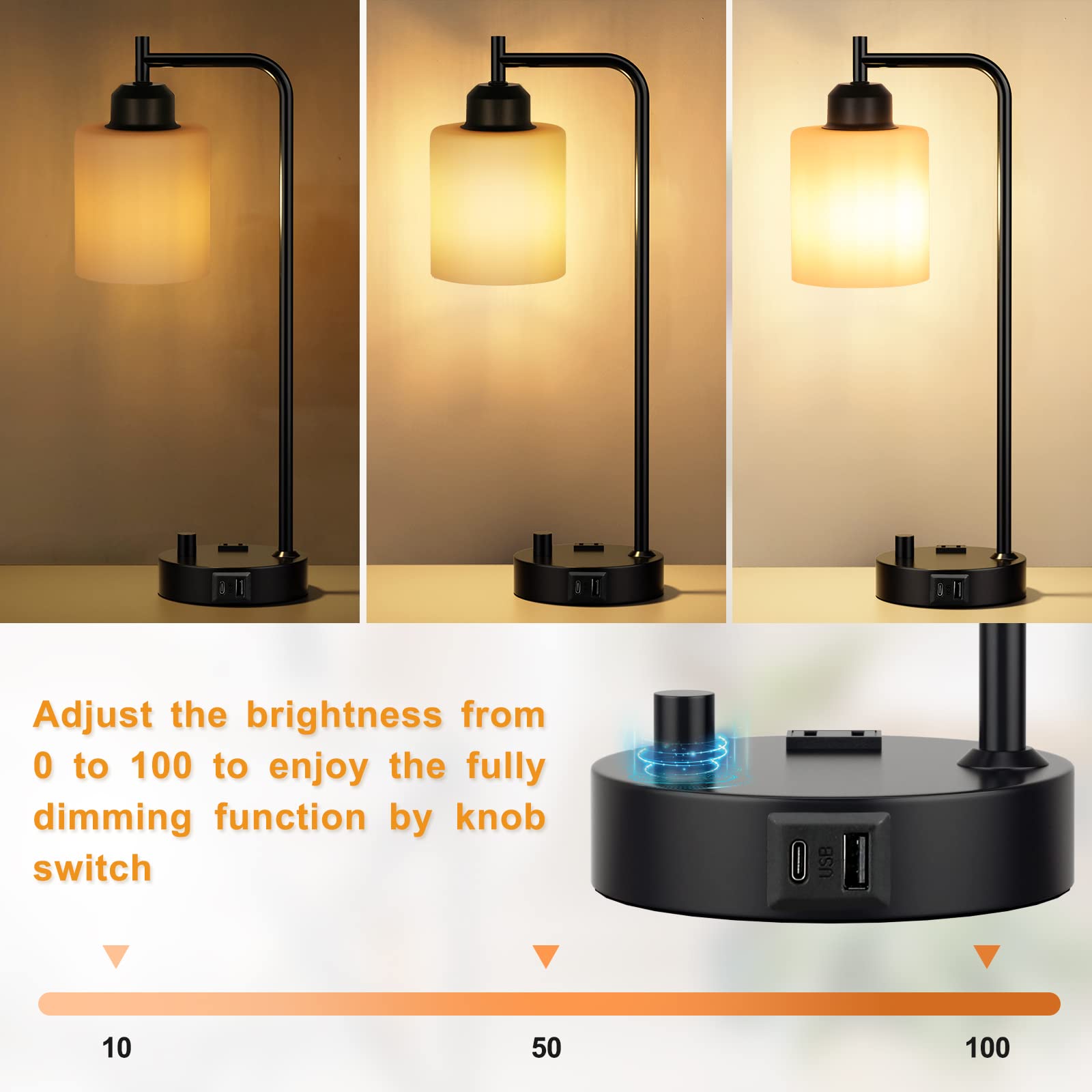 Industrial Bedroom Table Lamps For Bedside - White Opal Glass Shade Desk Lamps With Usb C Port, Fully Dimmable Black Lamps With