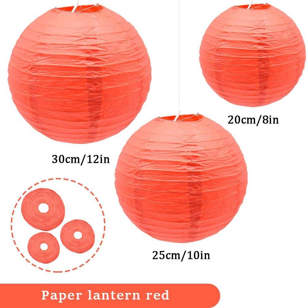 Yosawa Paper Lanterns - 6 Pcs Decorative Round Hanging Lanterns, 8” 10” 12” Sizes, Red, Model ZD-Red for Parties and Events