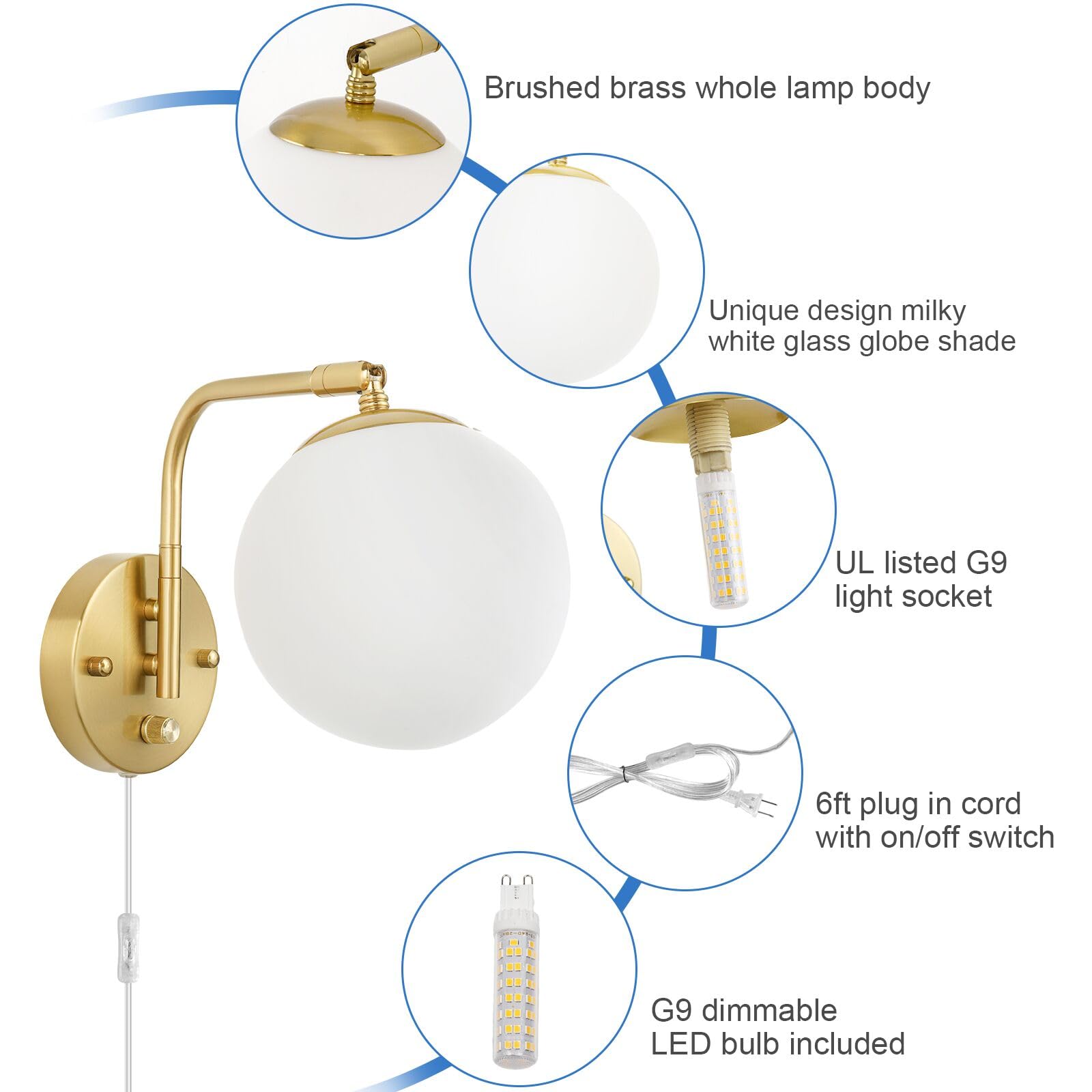 VATONI Dimmable Wall Sconces, Swing Arm Lights with Dimmer, 2 Pack, Gold & Milky White Glass Globe, Model LSlamp-Miglash-2P