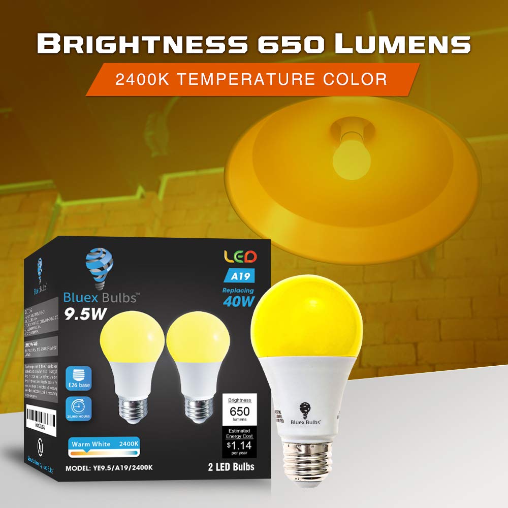BlueX A19 Amber Yellow LED Bug Light Bulb - 2-Pack, 650 Lumens, 9.5W (60W Replacement), E26 Base, Outdoor Use
