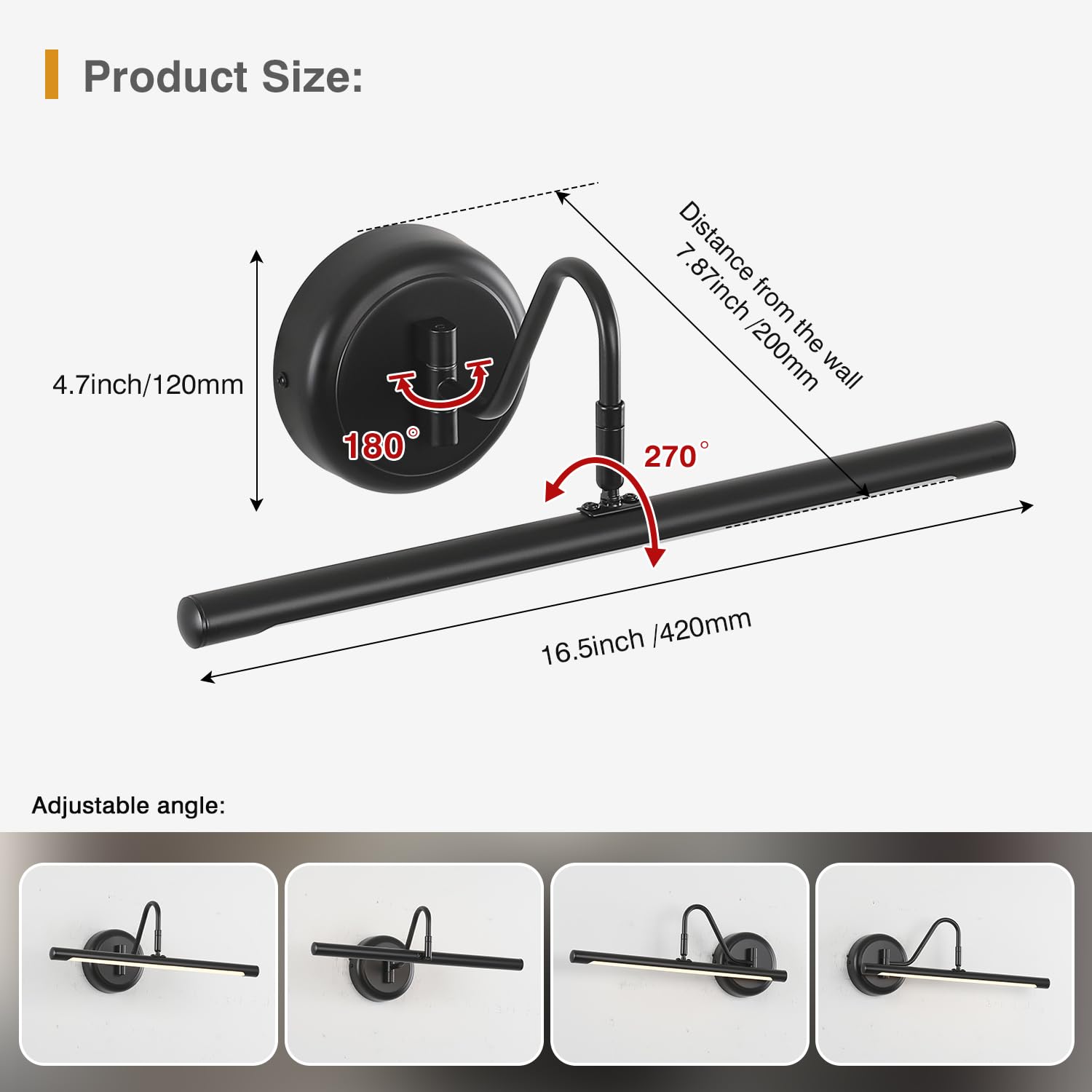 JOOSENLUX LED Picture Light Hardwired Matte Black Modern Picture Lights for Paintings 16.54 Inch Long Swing Arm Metal Art Ligh