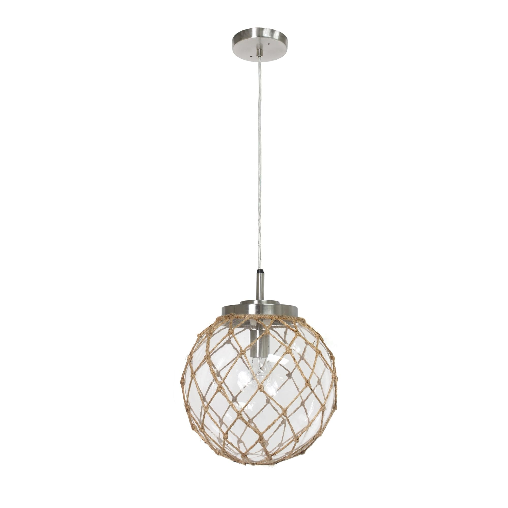 Elegant Designs Pt1003-Clr Buoy Netted Brushed Nickel Coastal Ocean Sea Glass Pendant With Natural Rope, Clear