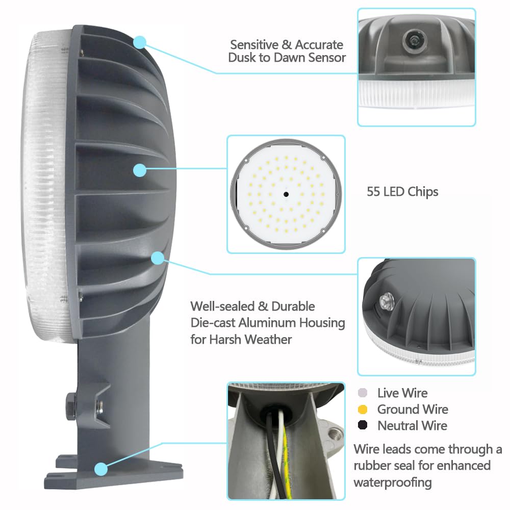 Owleye LED Barn Light 6000LM Dusk to Dawn, 42W 4000K, Waterproof, Gray, Model BL6000D, 1 Pack