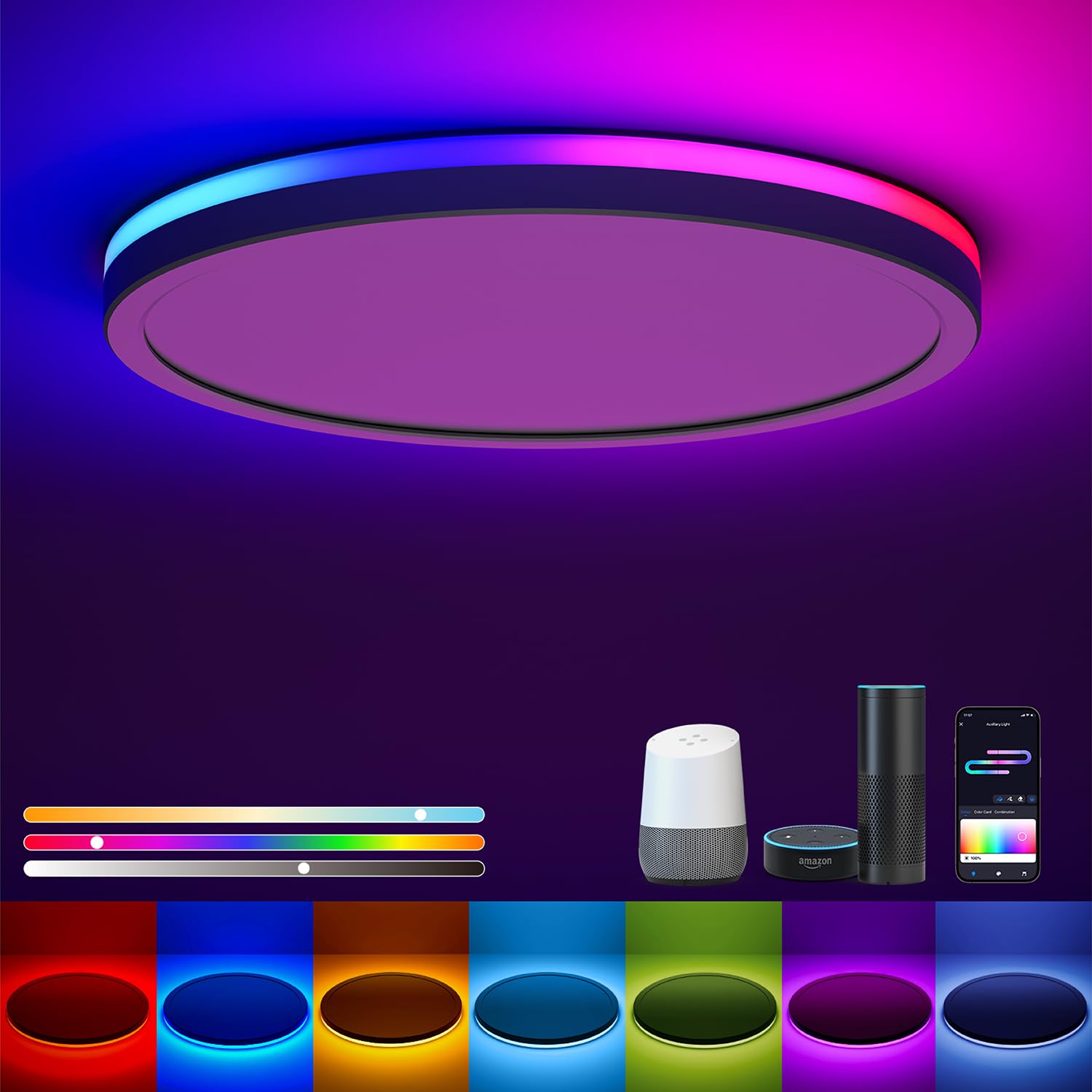 Matane Smart LED Ceiling Light WiFi, 12IN RGB Flush Mount, 16M DIY Colors, Alexa/Google Home Compatible, 3000K-6500K, Bedroom/Li