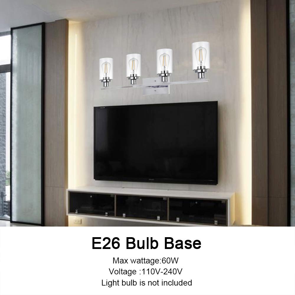 MELUCEE 4-Light Bathroom Lighting Fixtures with Clear Glass Shade Chrome Finish, Modern Vanity Light Wall Mount Lamp for Bedroom