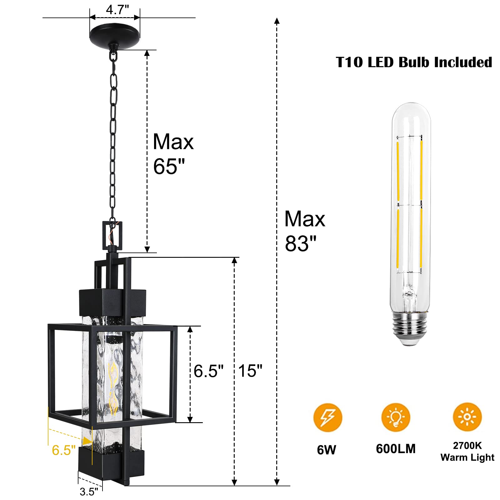 PARTPHONER 15in Pendant Light Fixture, Black Metal Lantern with Water Glass, Ceiling Mount, Model LED0969