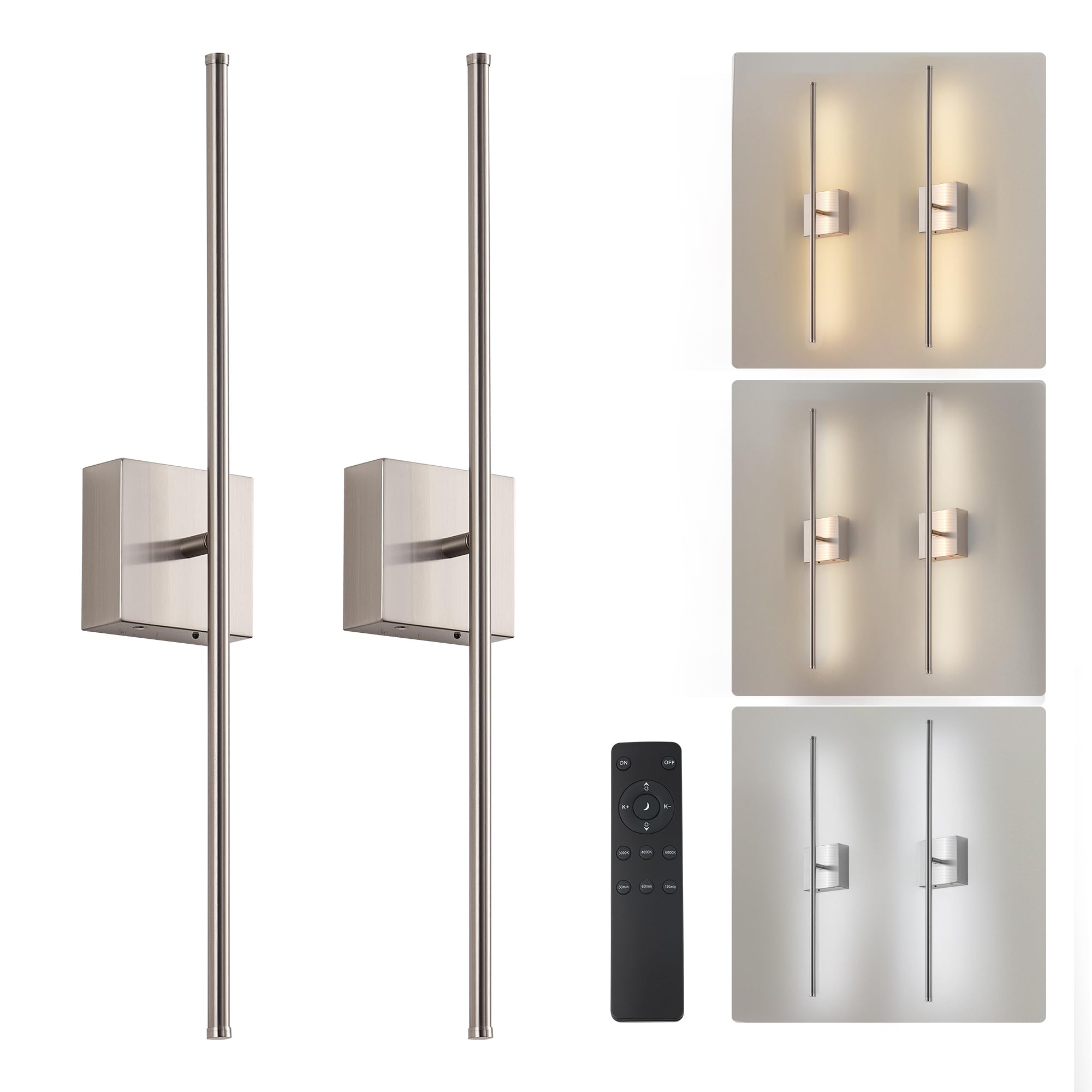 KARTOOSH Wall Sconces, Removable Battery Operated, 3000K-6000K Dimming, LED, 28.3 Inch, Nickel, Model ZM321B