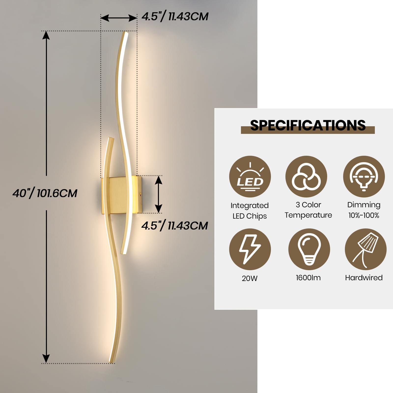 EIDEARAY LED Wall Sconce Set of 2, 40" Dimmable Gold Lighting with Remote Control, Hardwired for Indoor Use, Model WL-CTGD-D2