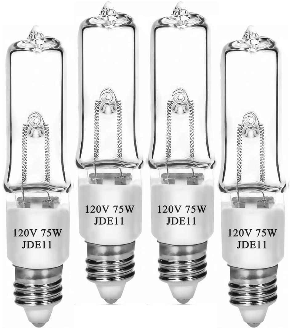 Lachesan Jde11 120V 75W T4 Mini Candelabra Base(Replacement E11 Led Bulb) 2700K Clear Dimmable Jd E11 Halogen Light Bulbs For Chandeliers  Ceiling Fan  Table Lamps  Cabinet Lighting  4 Pack