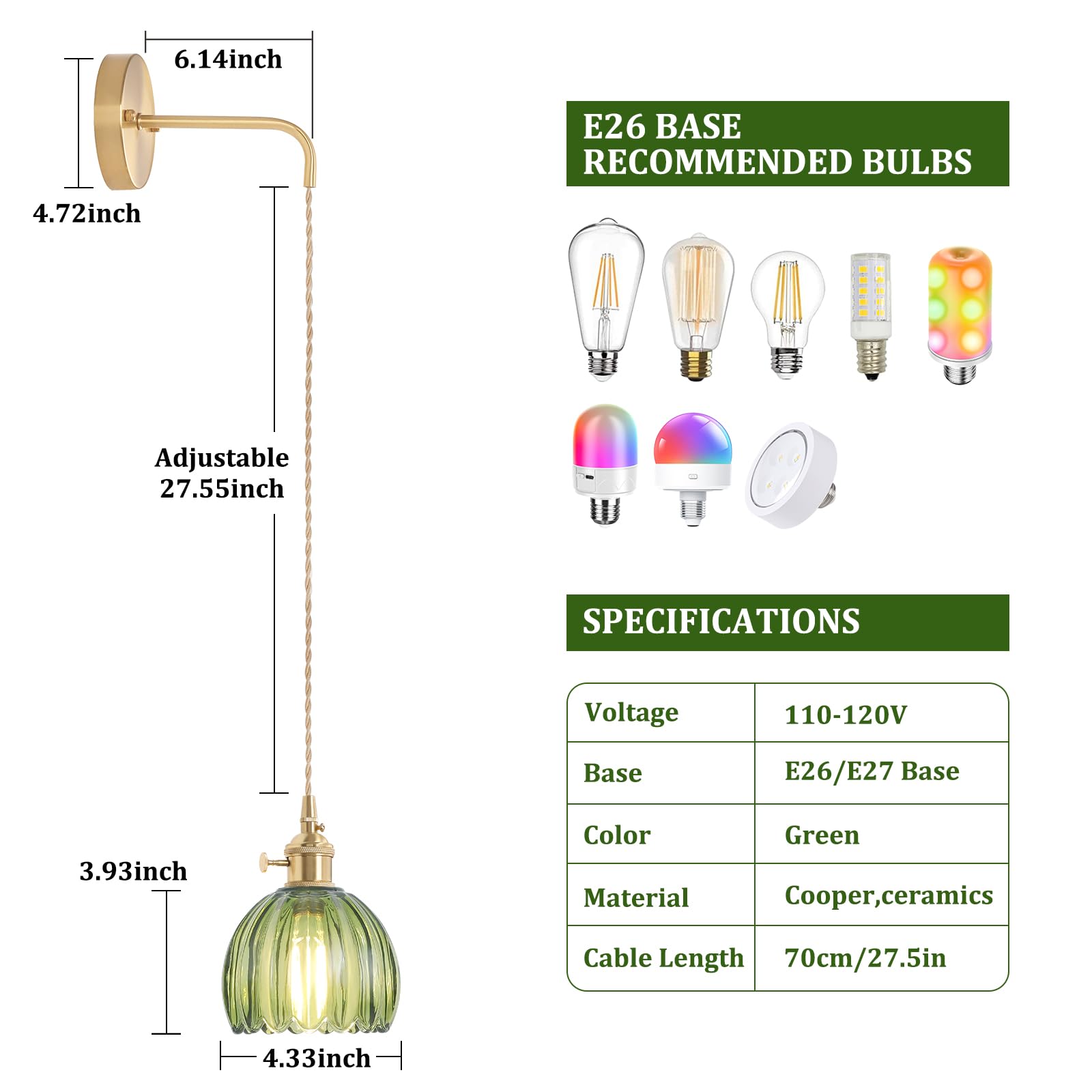 Shenmoyl Vintage Wall Sconce Wall Lamp Green Tulip Shade Pattern Glass Adjustable Chain Retro Gold Wall Mounted Light, Wall Lamp Fixtures Decor For Bedside Bedroom Indoor Doorway