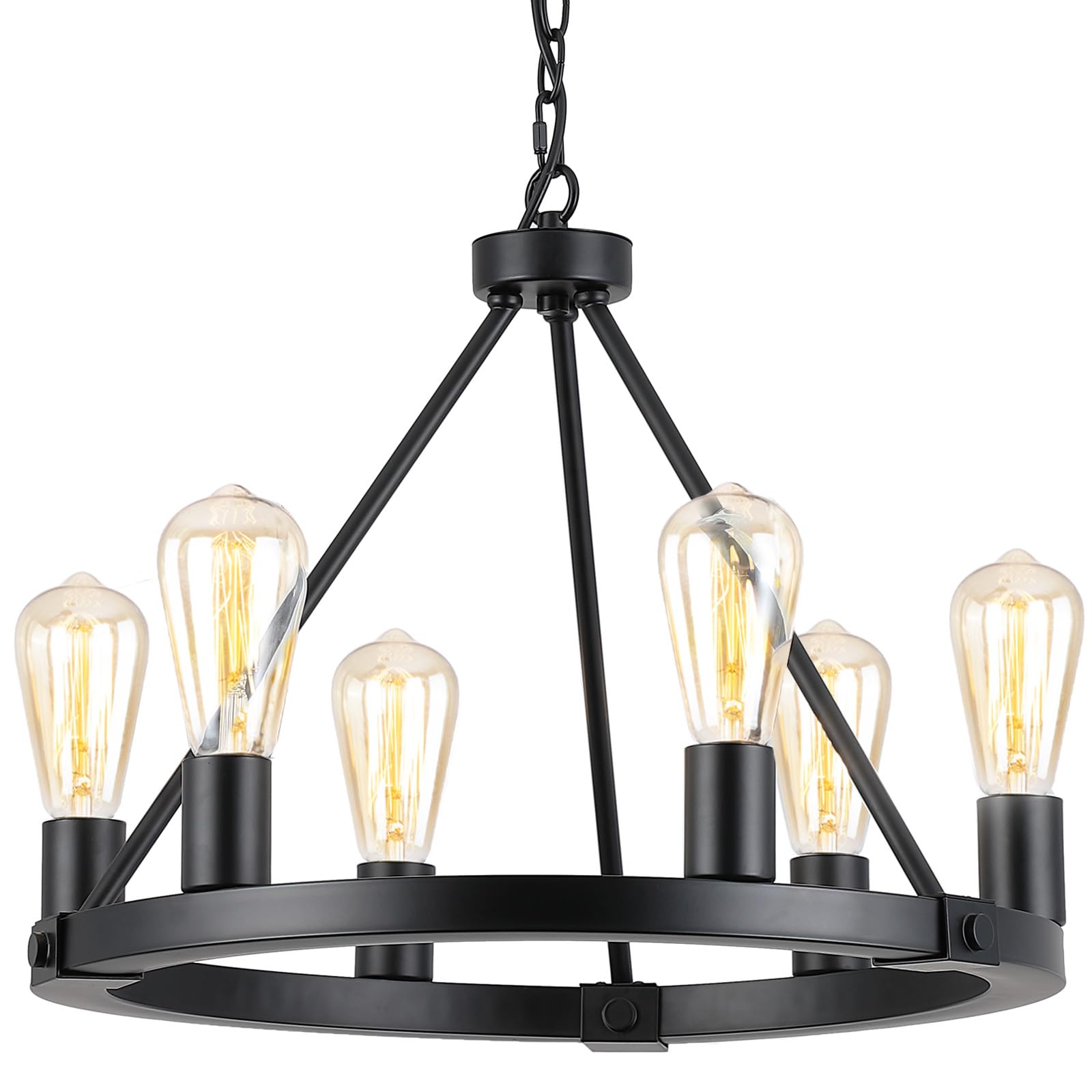 9Mmml Black Wagon Wheel Chandelier, 6-Light Industrial Pendant Light, 20'' Farmhouse Ceiling Hanging Chandelier Light Fixture Fo