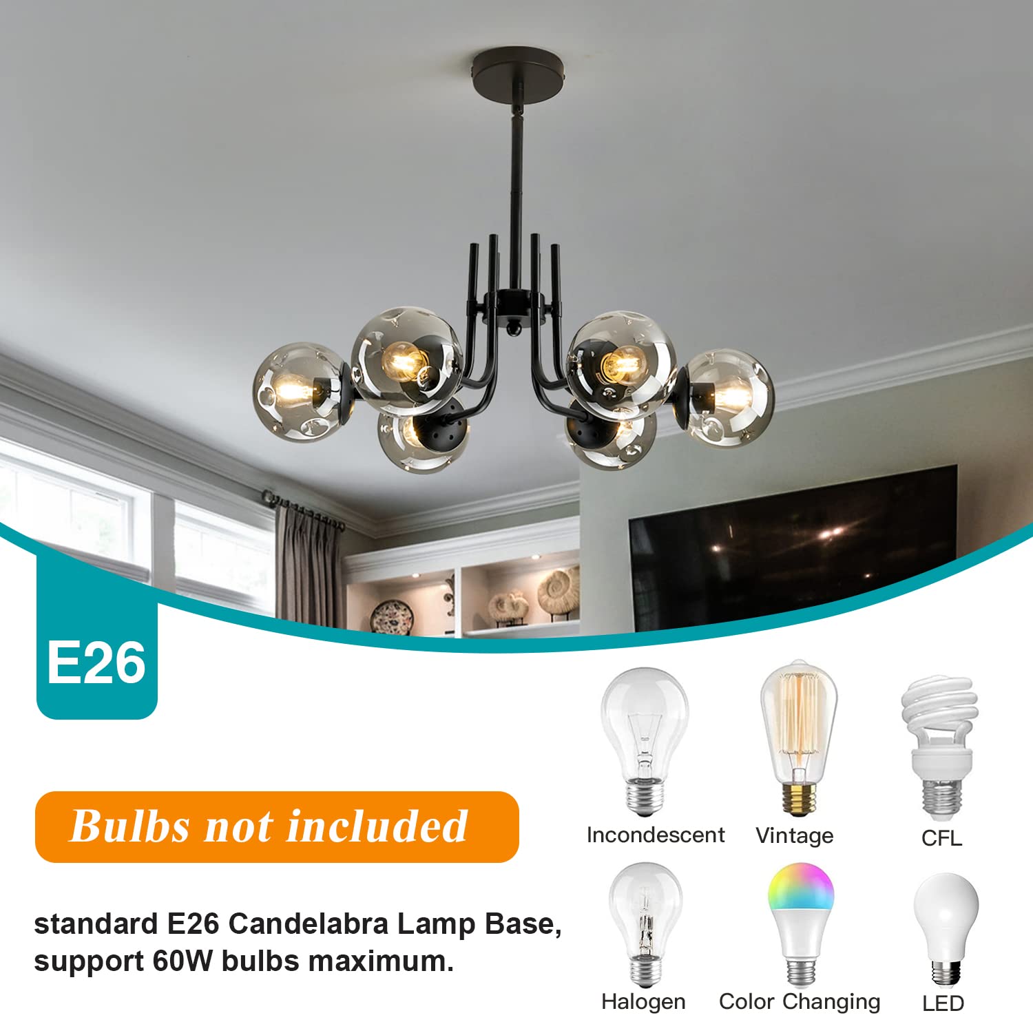 Hesoge 6-Light Glass Globe Sputnik Chandelier, Modern Metal Ceiling Light Fixture, Black, Semi Flush Mount, Ideal for Living Room, Dining Room, Kitchen.
