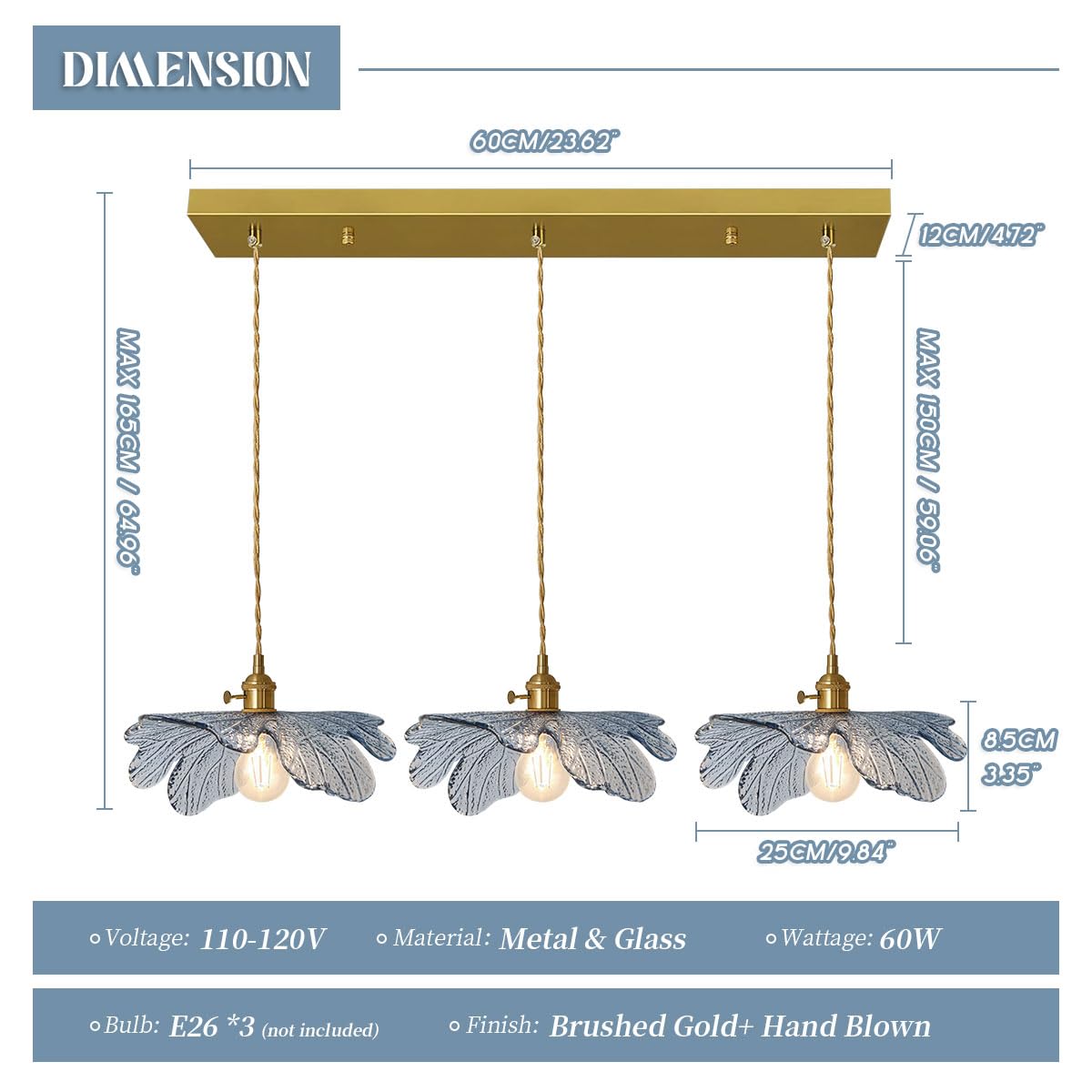 Auwieou 3 Light Pendant Lighting Blue Glass Pendant Light Brushed Brass Pendant Light Fixtures Vintage Farmhouse Chandelier 1-Li