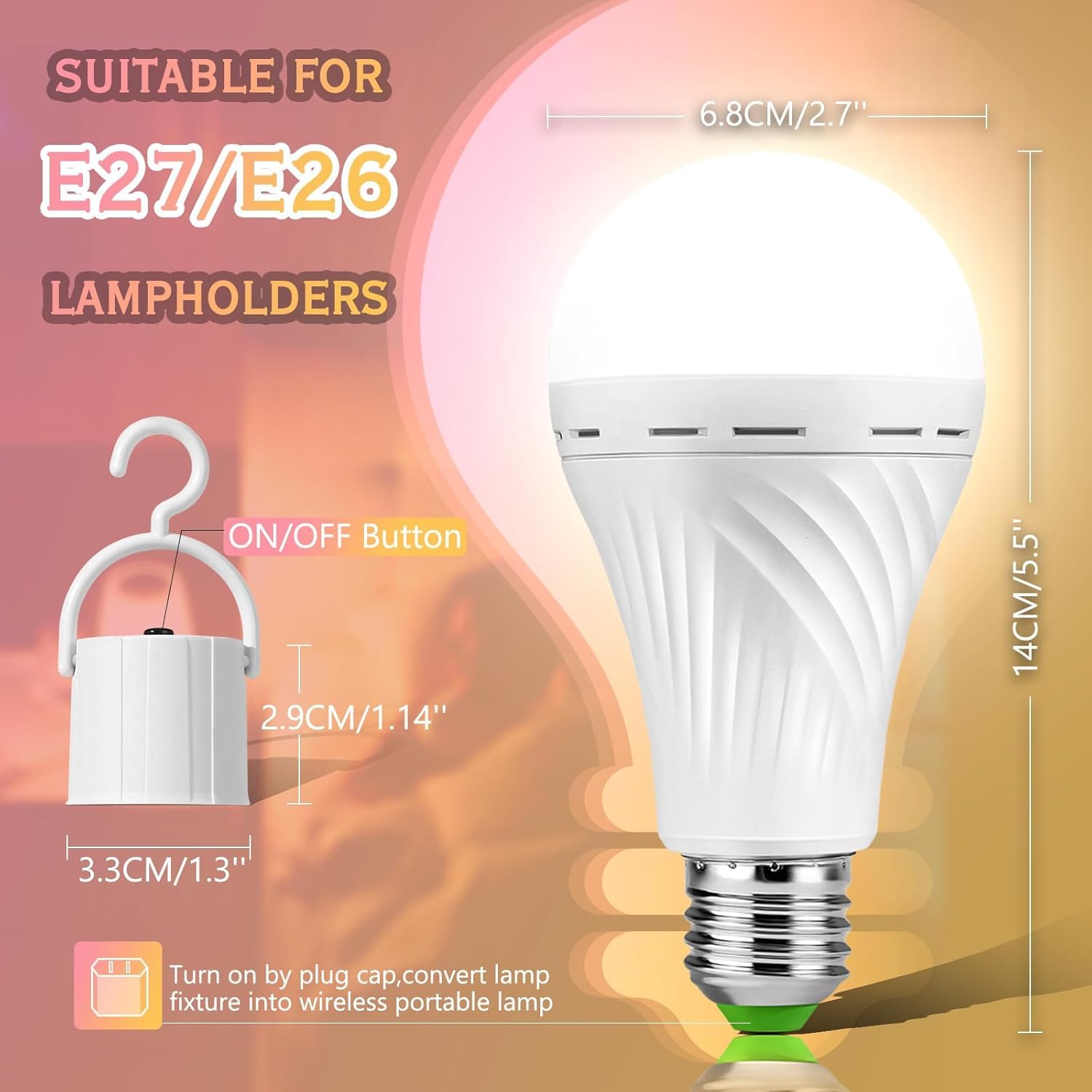 SORHE LIDKO Emergency Rechargeable LED Light Bulbs, 12W Equivalent, Battery Powered, White, Model 2, 6 Bulbs & Accessories