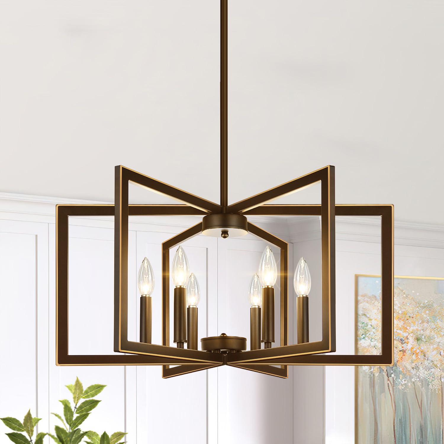 6-Light Modern Brown Chandelier, Geometric Dining Room Light Fixture Industrial Pendant Lights Kitchen Island, Hanging Metal Far