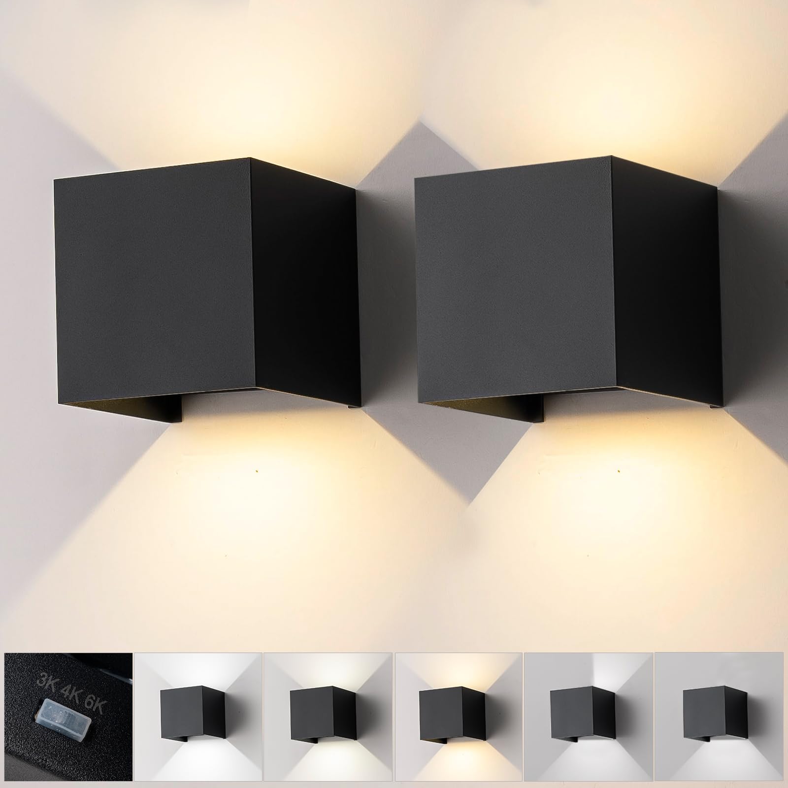 Nigaut Outdoor Wall Sconces 2 Pack, 15W 3CCT 3000K/4000K/6500K Up and Down Lights, IP65 Waterproof Aluminum Wall Light with Adju
