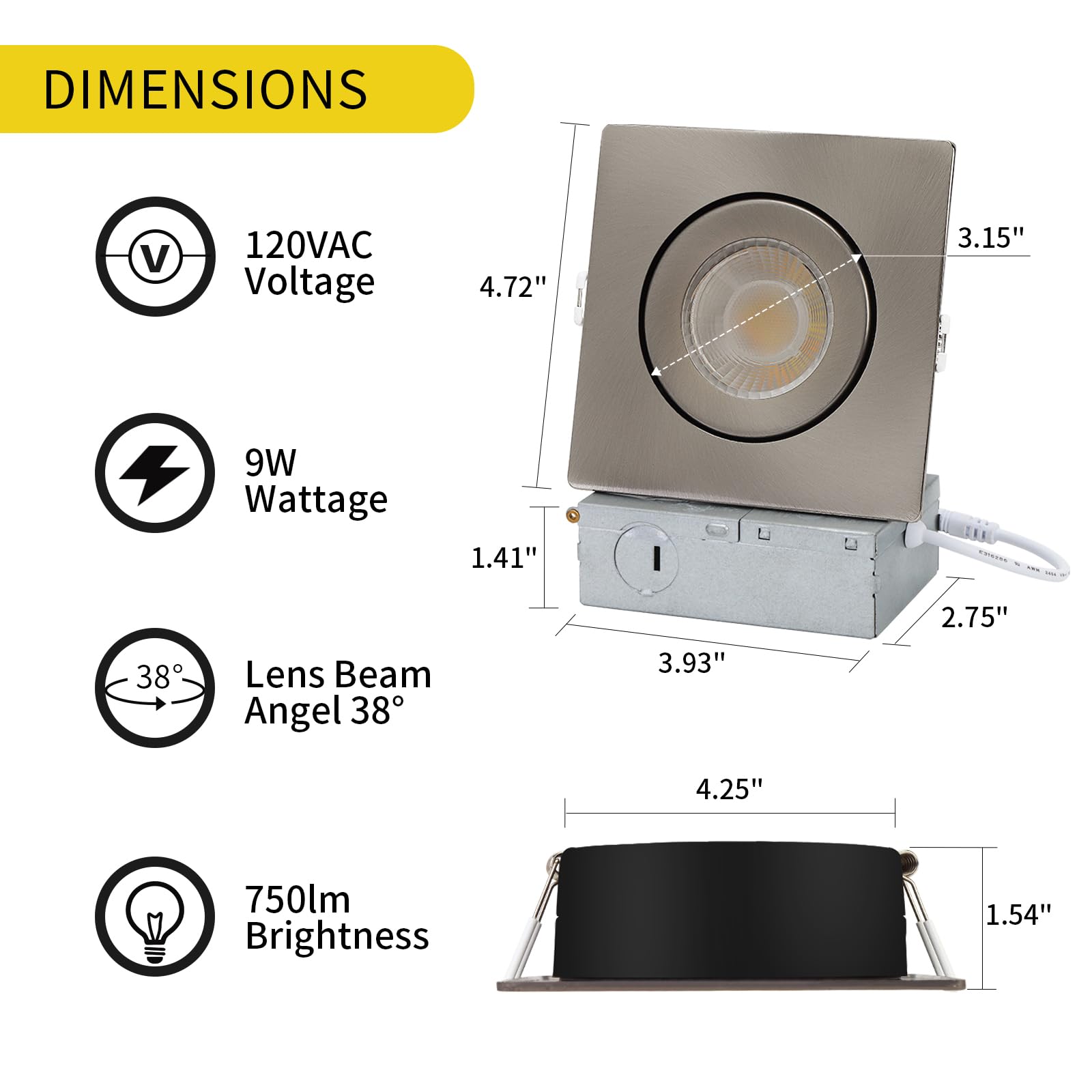 KnLnny Ware Brushed Nickel Square Recessed Lights, Dimmable, 9W 750LM, 5CCT Selectable, 4 Inch, 6 Pack