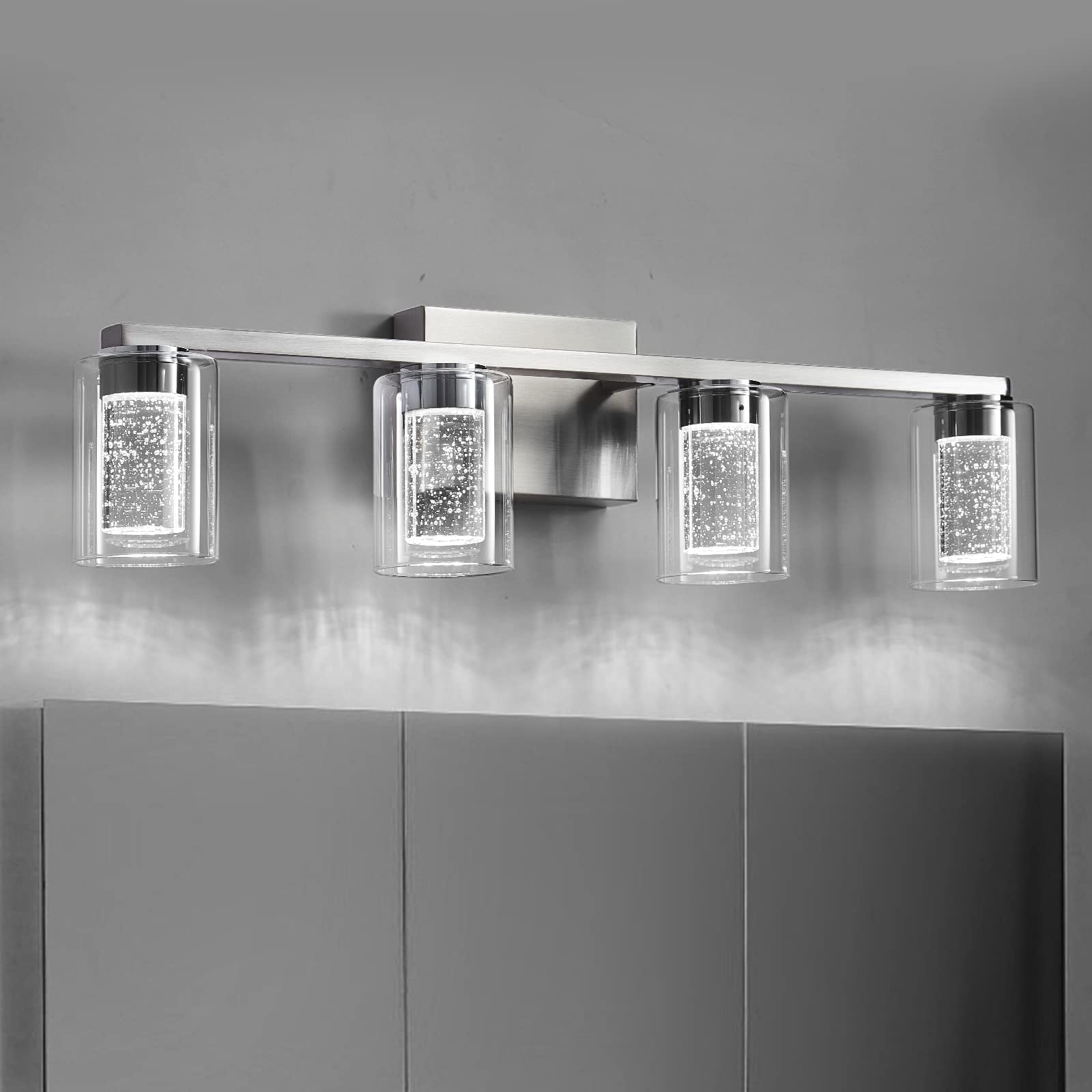 SADENICEL 4-Light Bathroom Light Fixtures, Brushed Nickel, Dimmable LED White/Neutral/Warm Crystal Bathroom Vanity Lights Over M