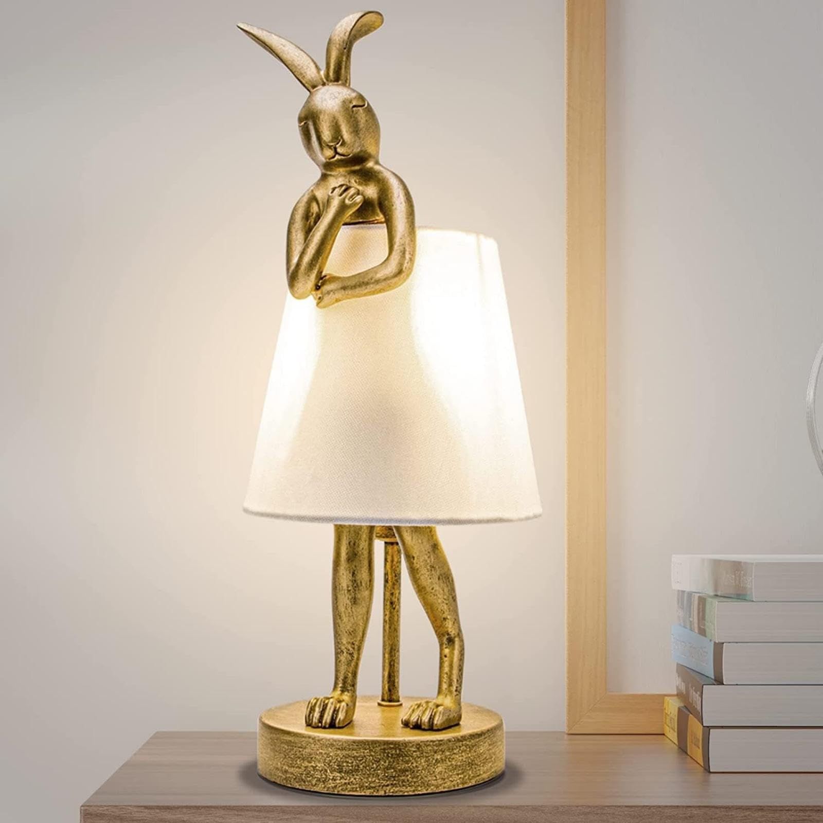 JGOEWBJ Bunny Table Lamp, Resin Rabbit Desk Light, Animal Lamps with Linen Shade, Vintage Antique Gold Main Part (Black Lamp Sha