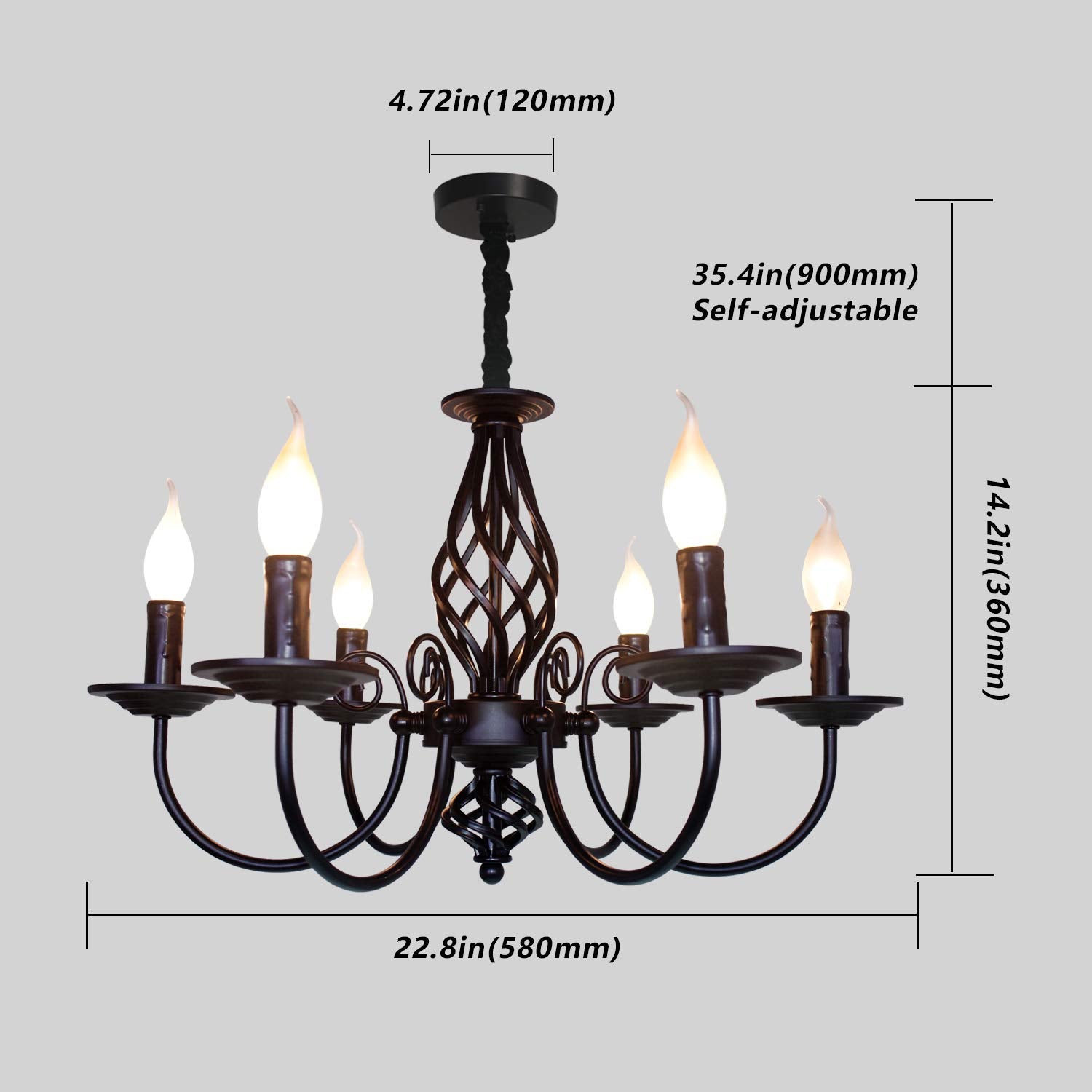Jaycomey 6-Light Vintage Candle Chandelier, Black Iron Farmhouse Pendant For Kitchen & Dining Room