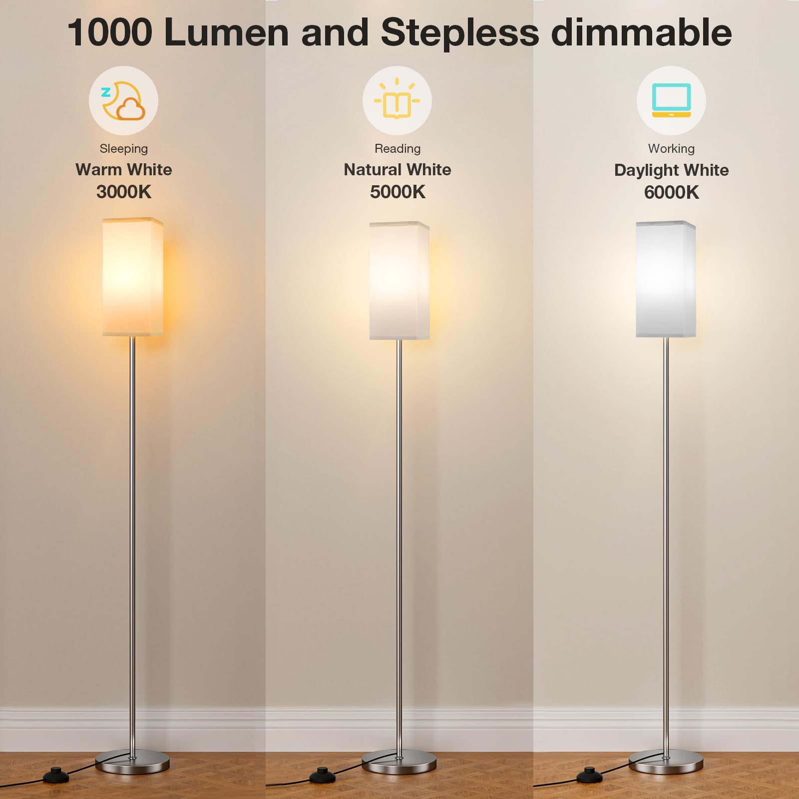 Ambimall Remote Control Floor Lamp, Stepless Dimmable, 64.57in Tall, Metal, White & Silver