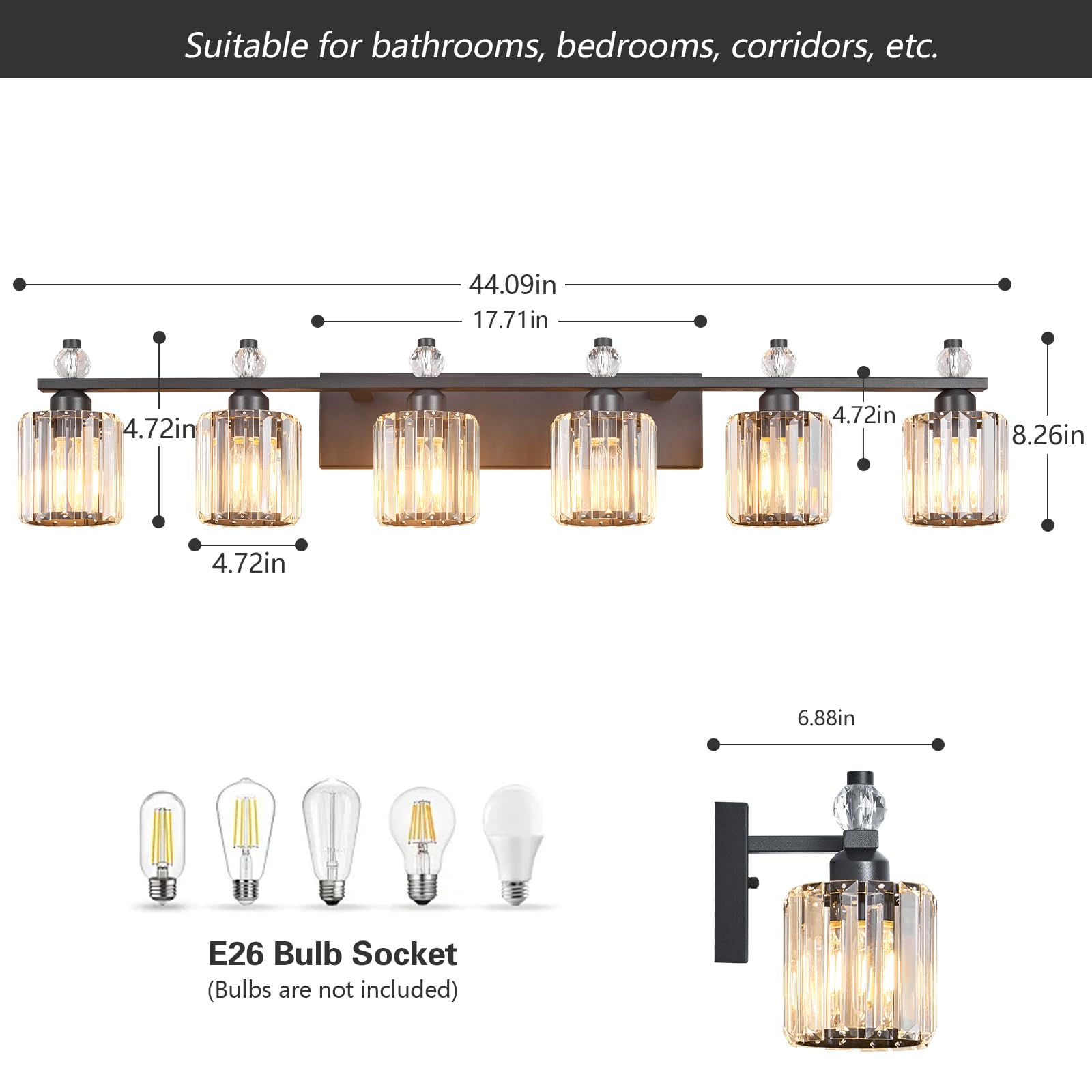FDPBY 6-Light Bathroom Vanity Lights Modern Crystal Fixtures Over Mirror Sand Black Metal 291