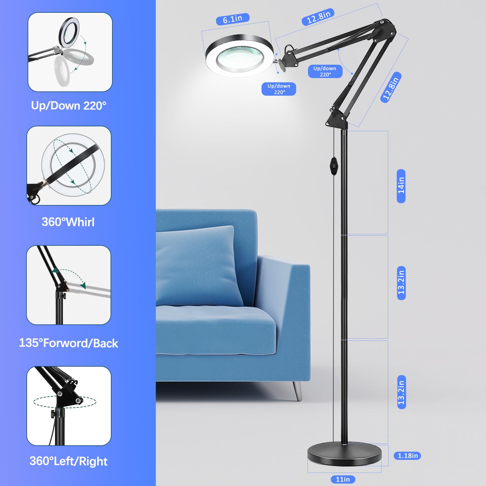 Baoomalongly 3-In-1 Large Floor Magnifying Glass With Light And Stand,10X Magnifying Glass For Reading,Adjustable 72 Led Light 2