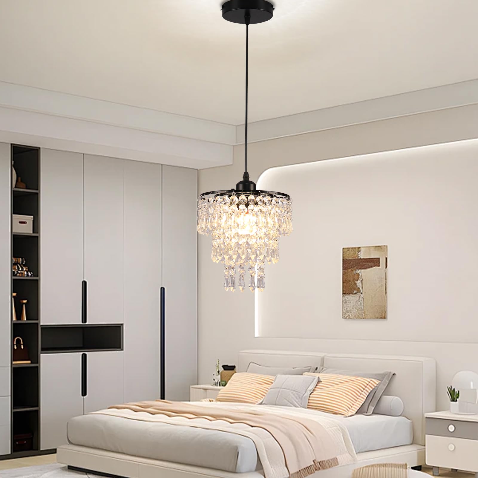 Frixchur Black Crystal Chandelier Pendant Light, Small Semi Flush Mount For Hallway & Bedroom