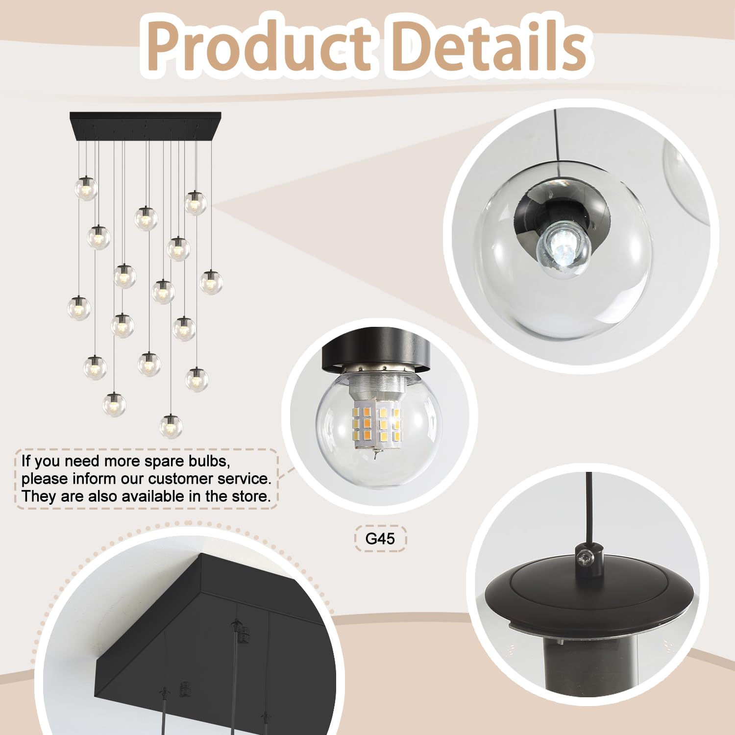 Glass Chandelier Led Modern Black Pendant Light Globe Glass Ceiling Light 16-Lights Glass Ball Chandeliers For Staircase Living