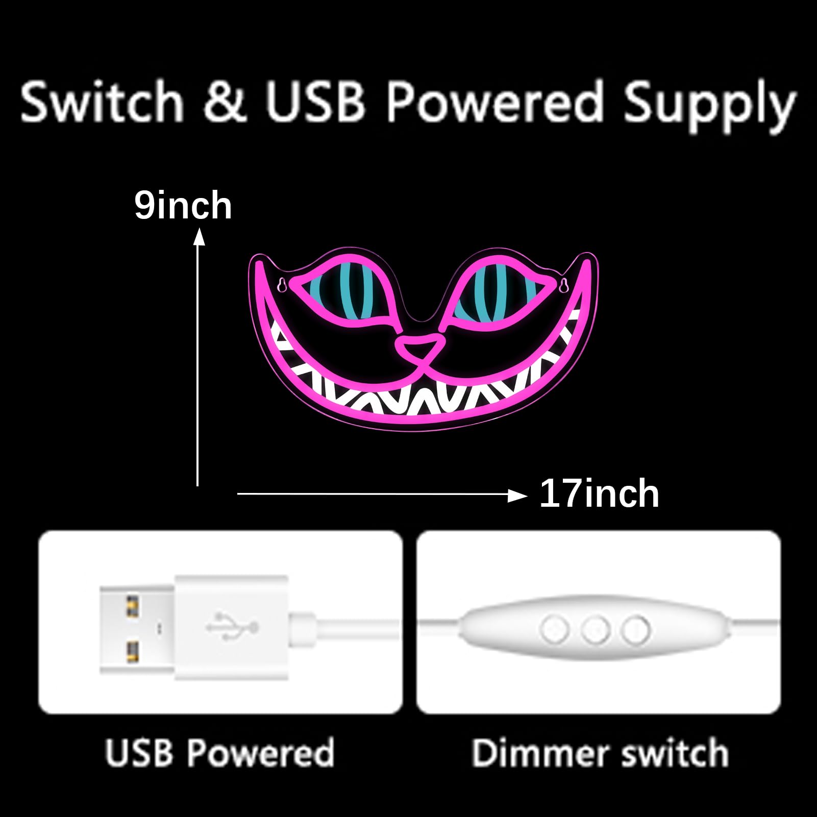 Tiabuy Neon Sign - Cheshire Cat LED Wall Art Decor, 17x9 inch, Pink Acrylic, Model TB-NS-C-05