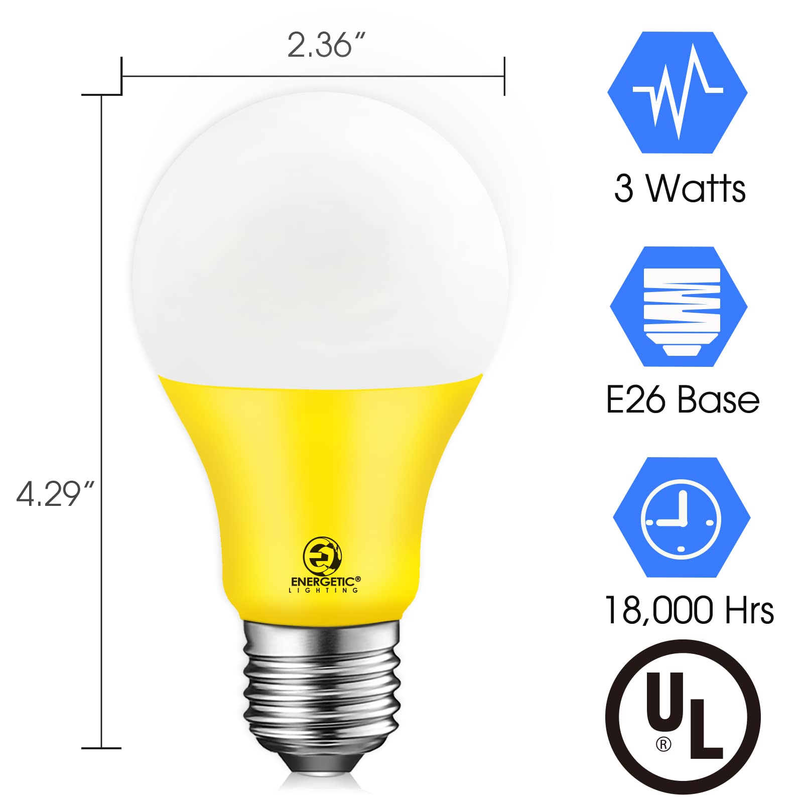 Energetic A19 Yellow Light Bulb, 3W Equivalent 40W, E26 Base Non-Dimmable Led Bulb For Indoor Use, Home Party Decoration And Hol