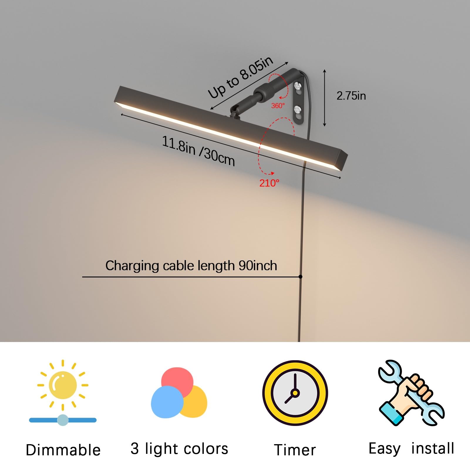 Coinmit 12" LED Plug-in Picture Light, Black Metal Wall Mounted Art Display with Remote Control, Model 9953