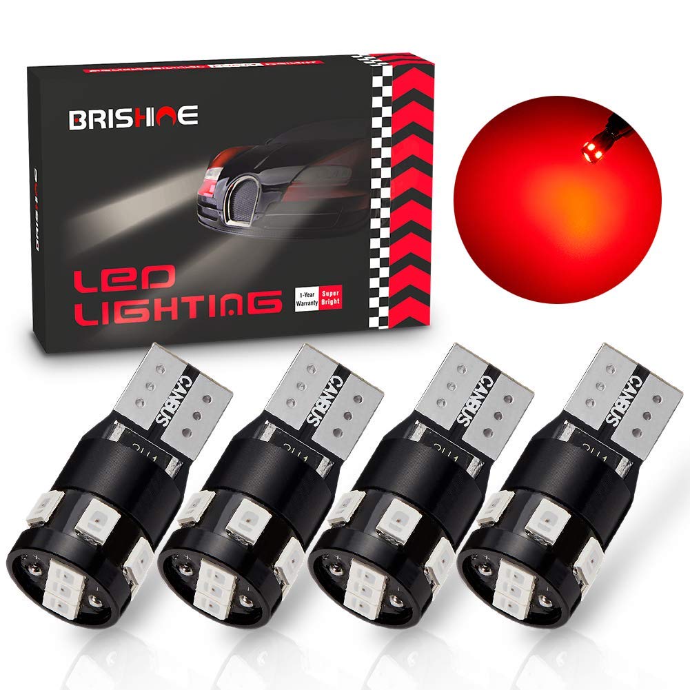 Brishine 300Lm Extremely Bright Canbus Error Free 194 168 2825 W5W T10 Led Bulbs Brilliant Red 9-Smd 2835 Chipsets For Map Dome Rear Side Marker Lights, Tail Center High Mount Stop Lights (Pack Of 4)