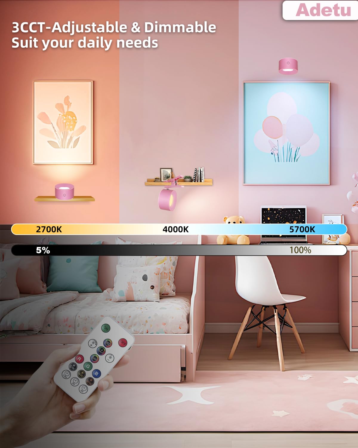 Adetu Led Wall Mounted Lights, Usb Rechargeable Wall Sconces Lamp, 3 Color Temps & Remote, Magnetic Clamp Light 360 Rotation Dim