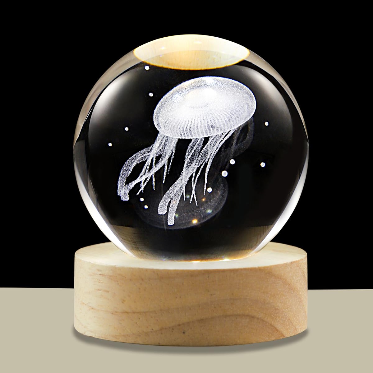 Hochance 3D Jellyfish Crystal Ball Lamp With Adjustable Brightness Led Wooden Base Night Light For Kids Teens mature-themeds Birthday Gift Home Desk Office Bedroom Decor (6Cm / 2.4 )